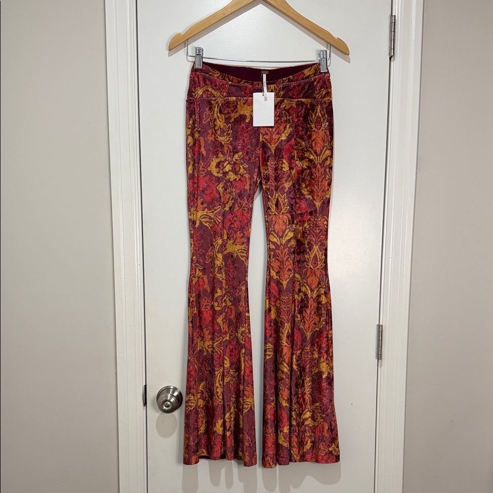 Free People Red & Gold Floral Velvet Flare Pants